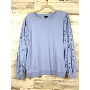 Talbots Womens L Periwinkle Blue Eyelet Sleeve Cozy Sweatshirt Pullover Casual